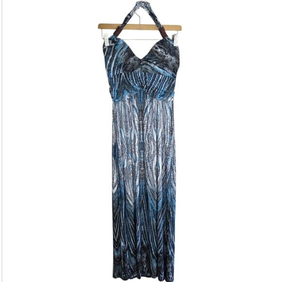 NWT Shoreline | Blue & Gray Print Halter Style Maxi Dress Wood Bead Strap Detail - Picture 7 of 8